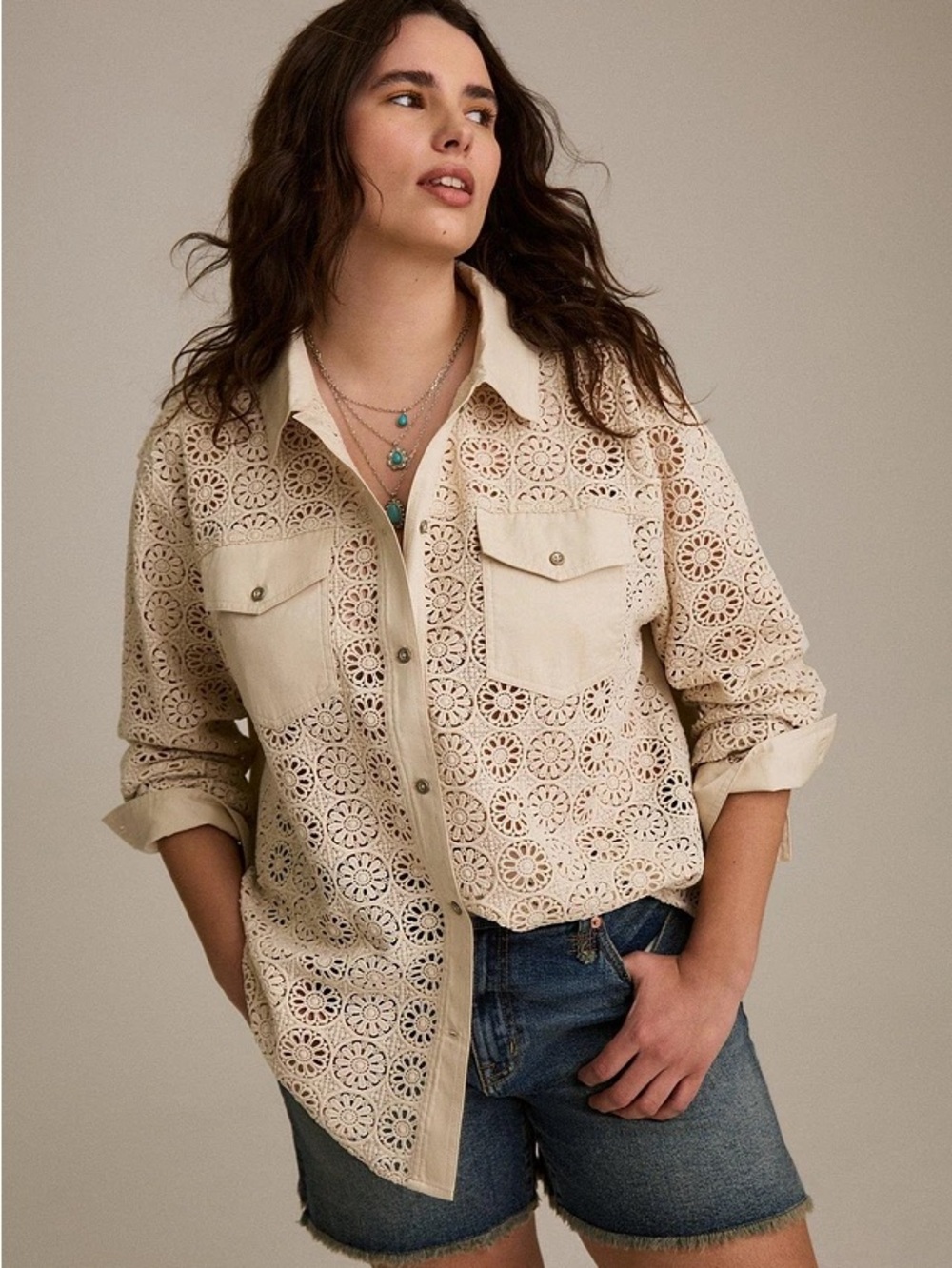 Festi by Torrid Plus Size Cream Eyelet Crochet Button-Front Shirt Jacket - #253